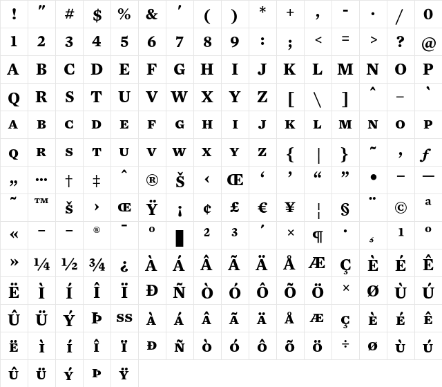 Mercury Text G2 Bold SC  glyph index