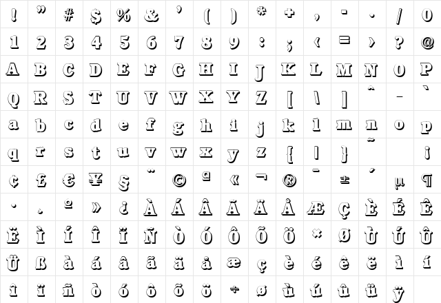 CalgaryShadow-Heavy Regular  glyph index