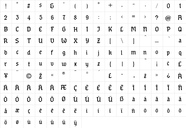 ErosText Regular  glyph index