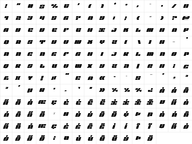 Joy Shark Extra-Condensed Italic Extra-Condensed Italic  glyph index