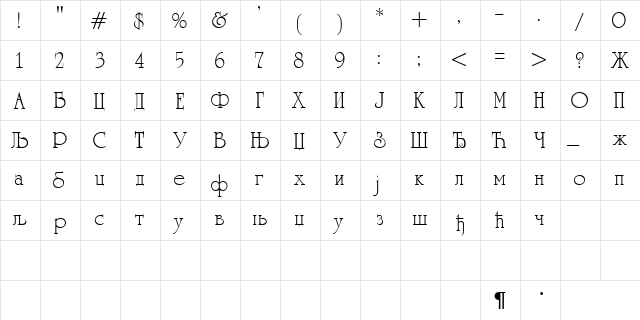 Unicorn Cirilica Regular  glyph index
