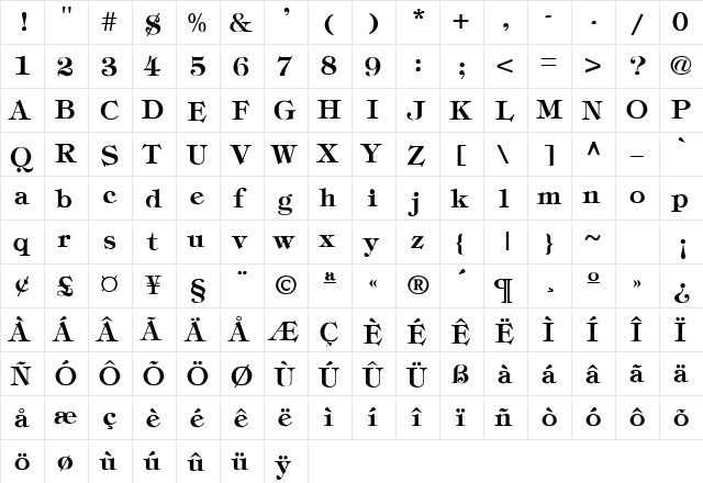 Timpani-Bold Regular  glyph index