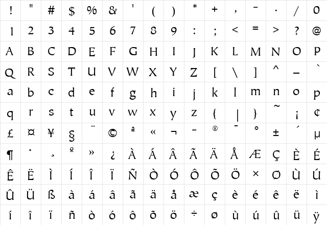 TiepoloITC Book  glyph index
