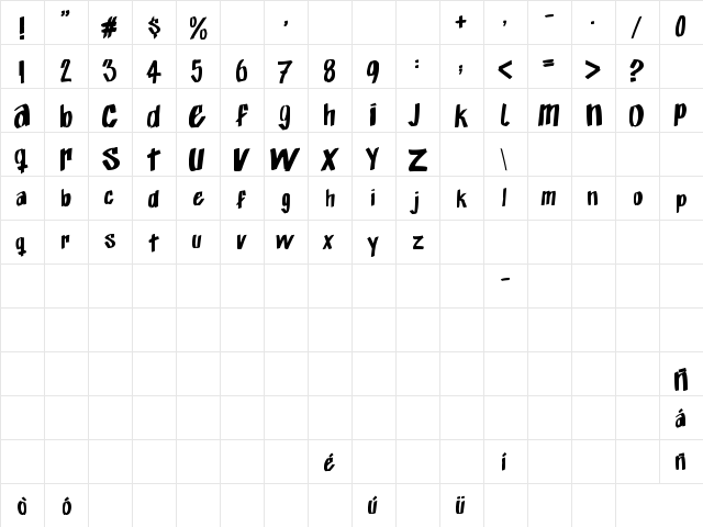 Exito_Free_Hand Regular  glyph index