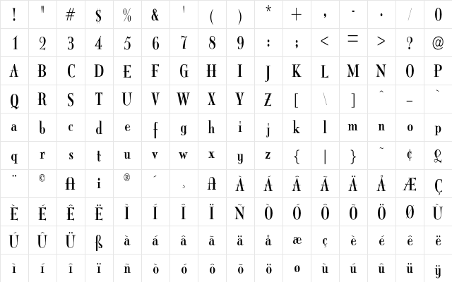 ItingOpti RegularCondensed  glyph index