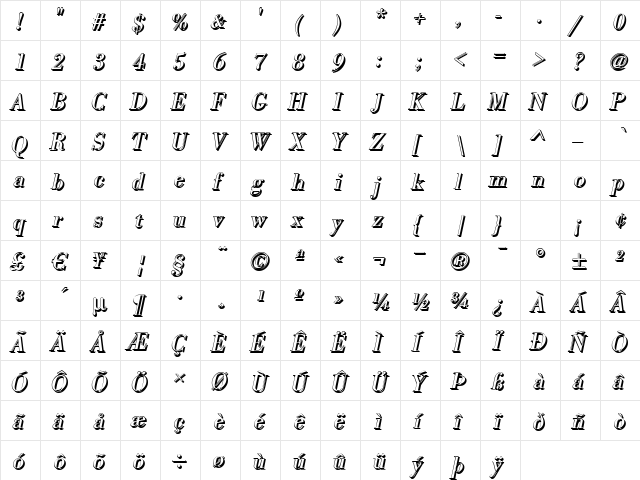 BodoniSh Italic  glyph index