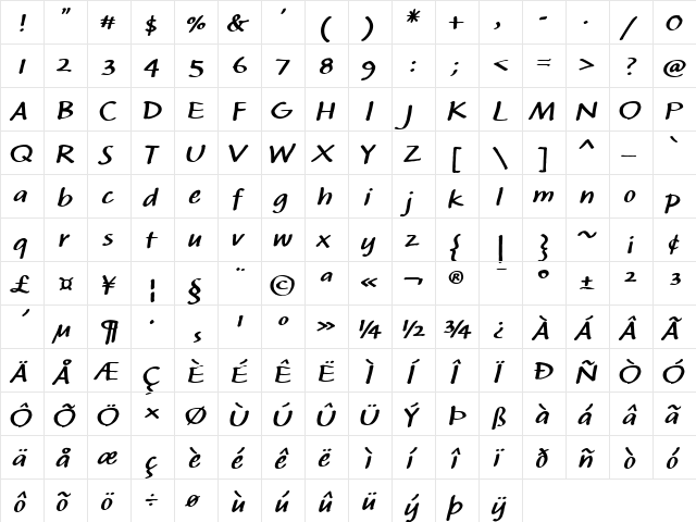 Calliope MVB Regular  glyph index