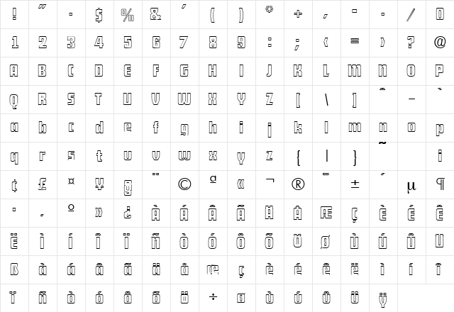 DekoDisplayOpen-Serial Regular  glyph index