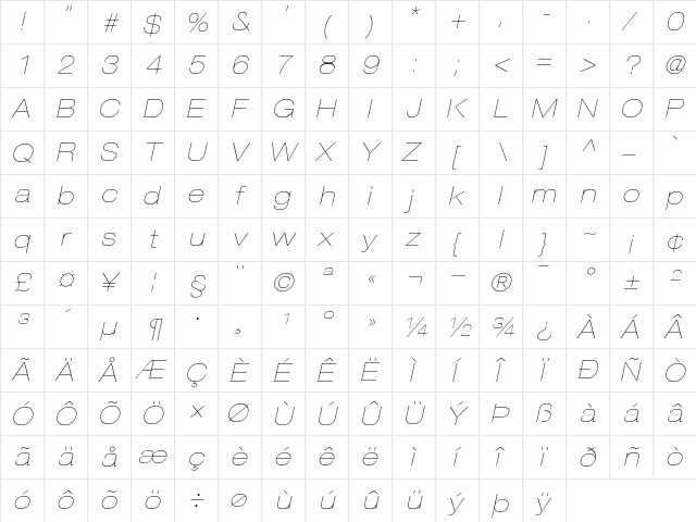 Helvetica23-ExtendedUltraLight Ultra LightItalic  glyph index