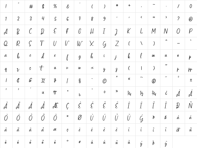 VerticaScripts2 Regular  glyph index