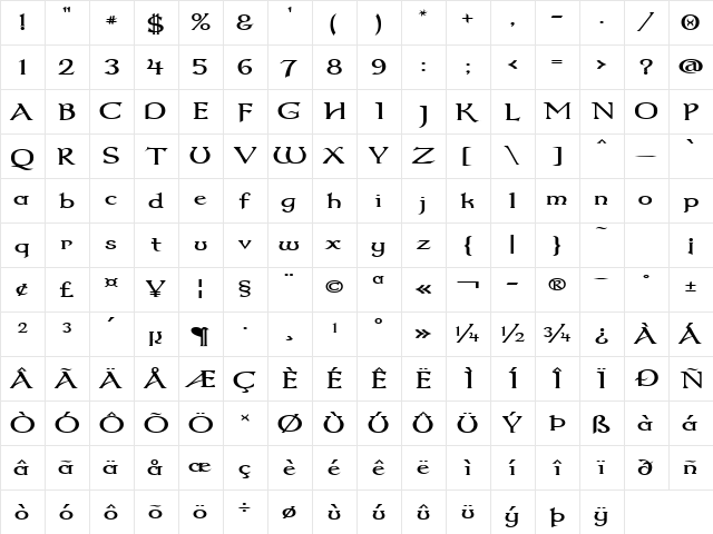 Dumbledor 2 Wide Regular  glyph index