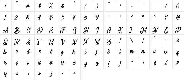 Sherly Shane Regular  glyph index