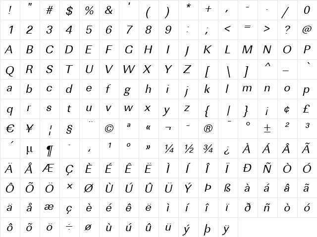 JeffBecker Italic  glyph index