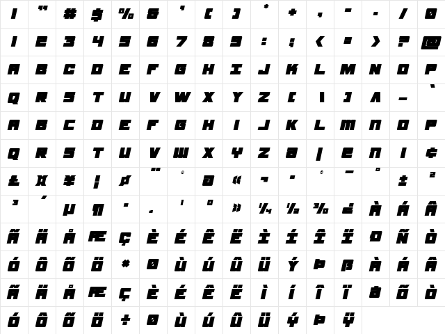 Samurai Terrapin Italic Italic  glyph index