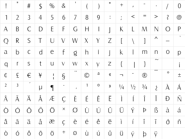 Canossa-Light Regular  glyph index