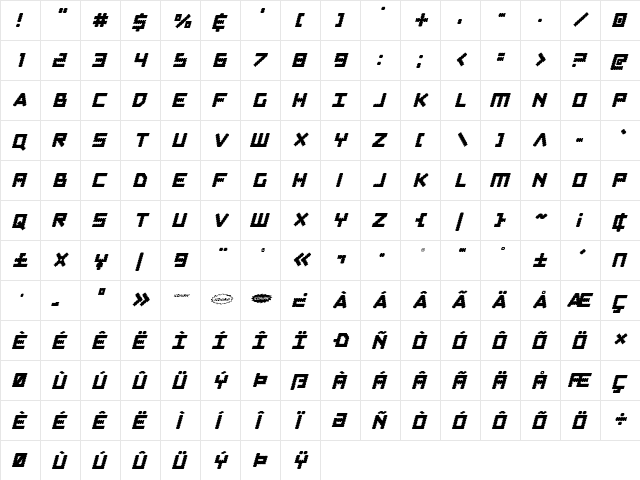 Obsidian Blade Italic Italic  glyph index