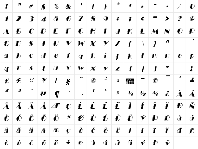 MarqueeEngraved Italic  glyph index