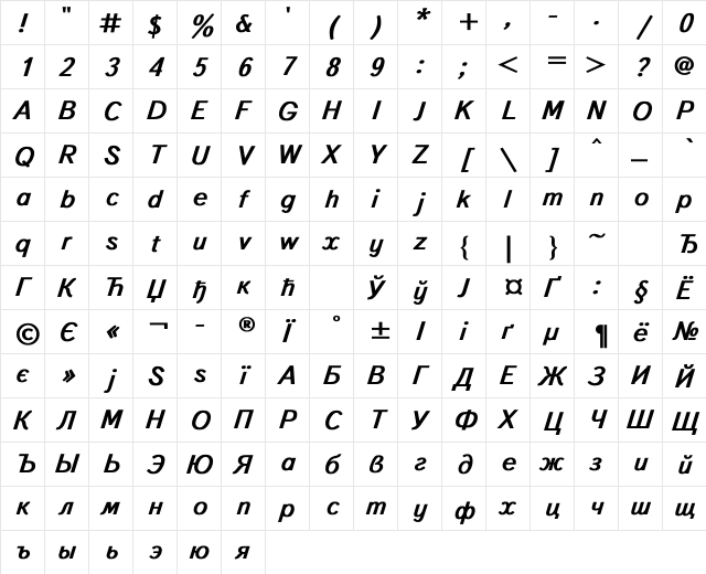 TextBook Bold Italic  glyph index