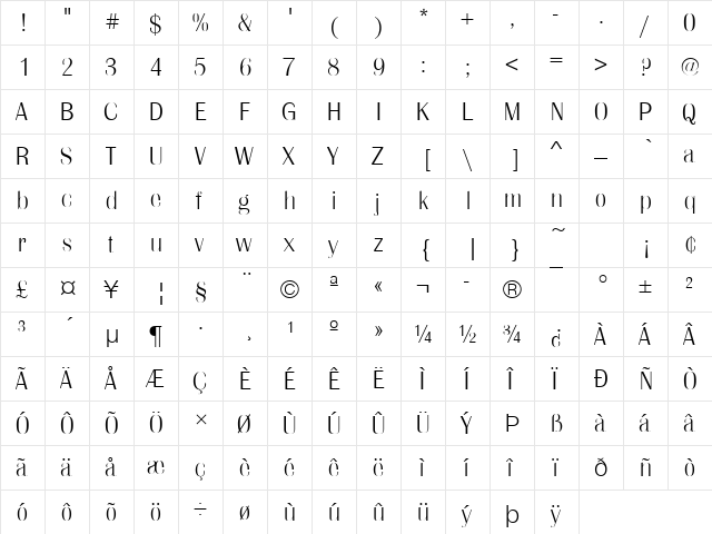 Britannic Becker Ext Light Regular  glyph index