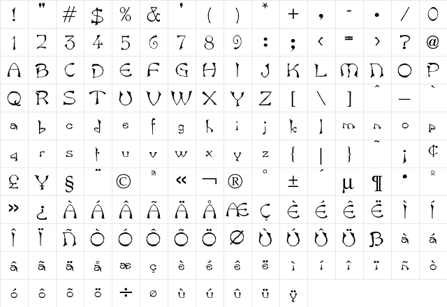 Bamboo Font  glyph index