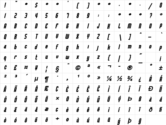 Flintstone Bold Italic  glyph index