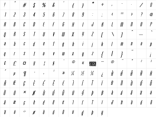 Protege Italic  glyph index