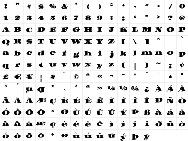 Hip Pop NF Regular  glyph index