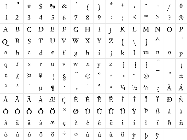 DTCGaramondM35 Regular  glyph index