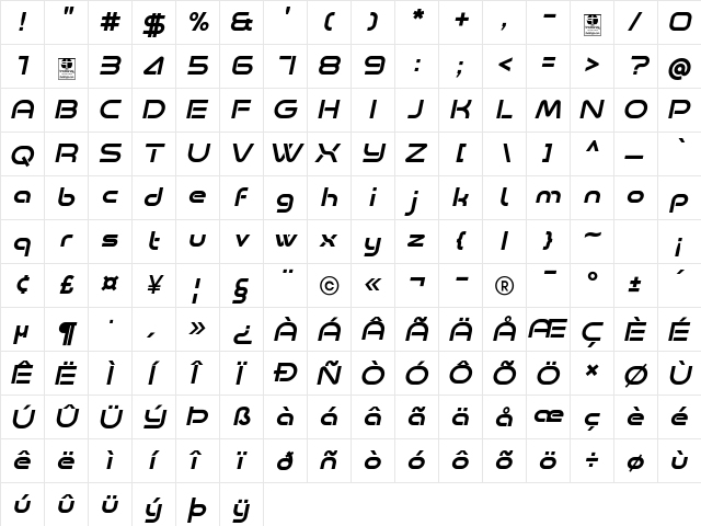 Minalis_Demo Italic  glyph index