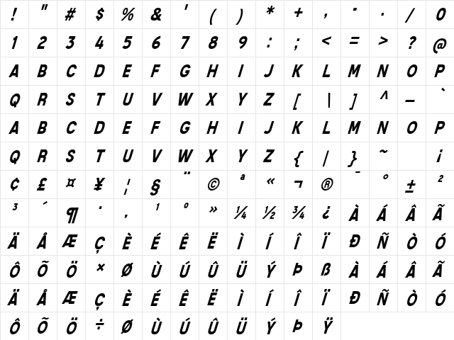 Mixolydian Titling Bold Italic  glyph index