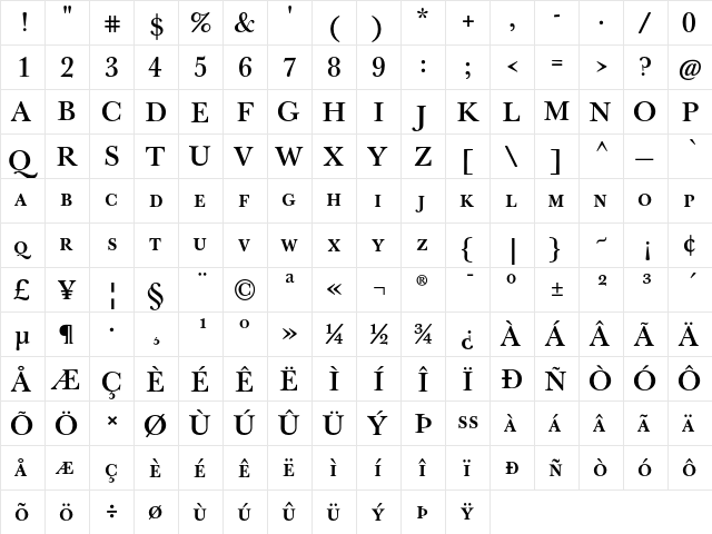 J Baskerville Caps Bold  glyph index