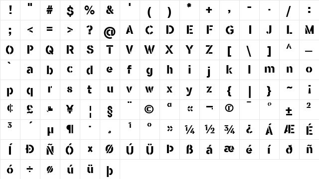 Flamante Stencil Bold  glyph index
