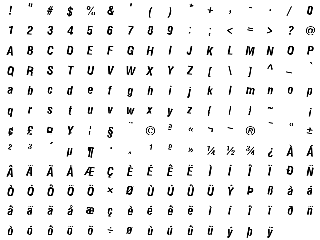 Car Regular  glyph index