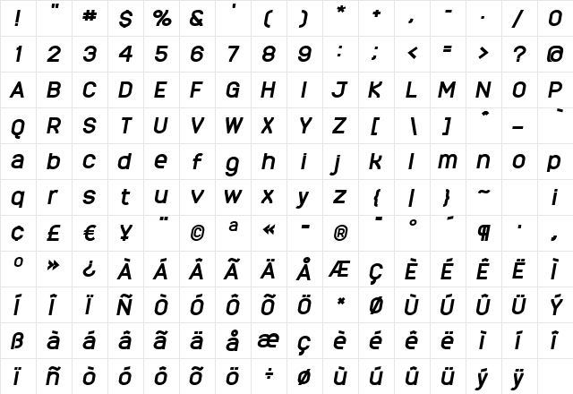 MonarkBold Oblique Regular  glyph index