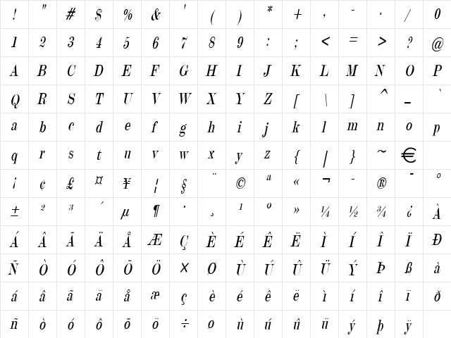 UpstartCondensed Italic  glyph index