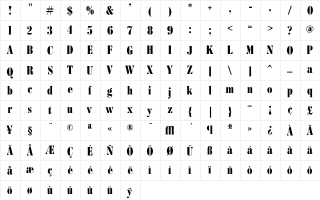 BodoniFB Bold  glyph index