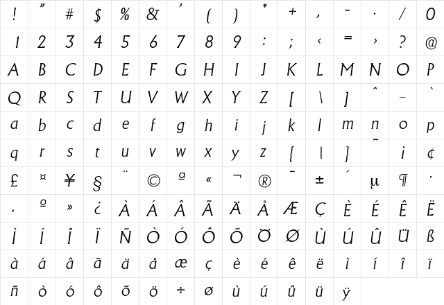 Adelon-LightIta Regular  glyph index