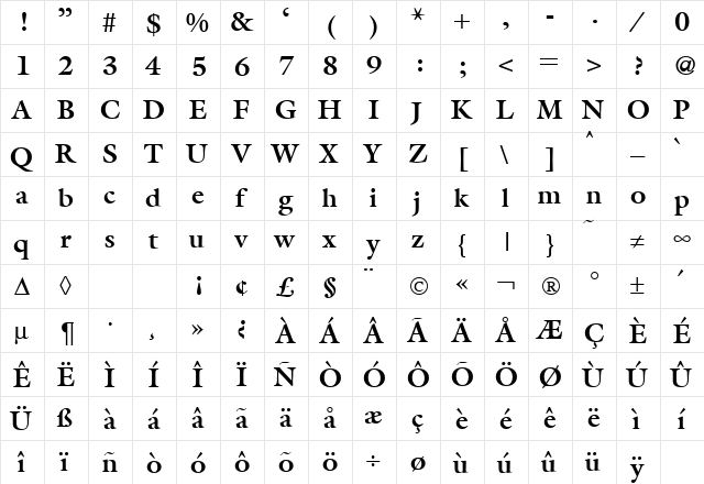 Matthew Bold  glyph index