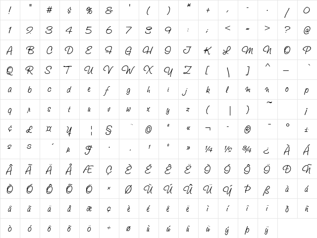Studio Script ITC TT Regular  glyph index
