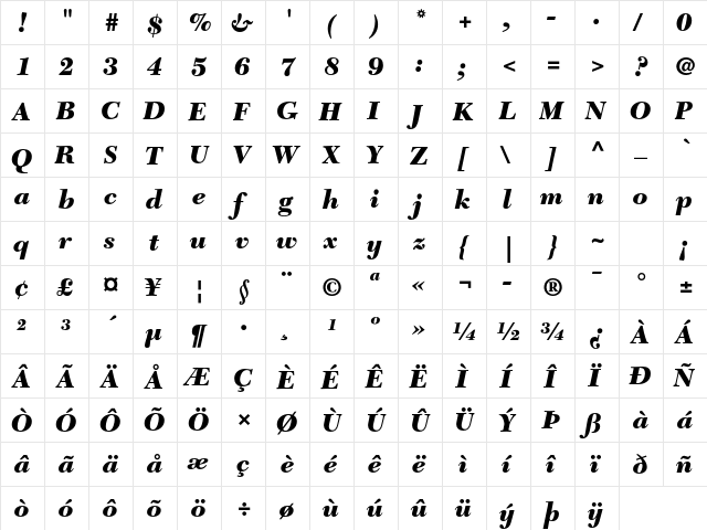 New Caledonia LT Std Black Italic  glyph index