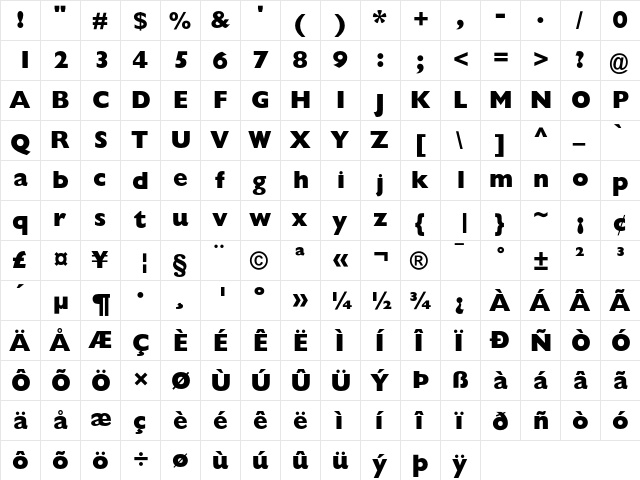 Gill Sans Extra Bold  glyph index