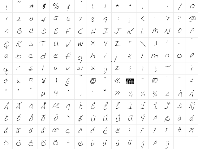 JackiesHand Regular  glyph index