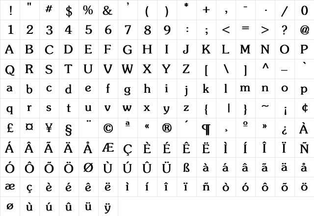 Souvenir Bold  glyph index