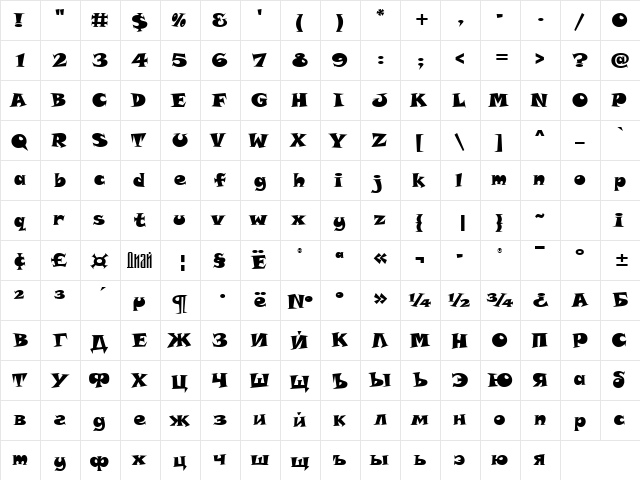 Tolstyak Heavy  glyph index
