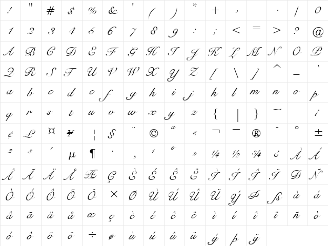 Bravo Script Ssk Regular  glyph index