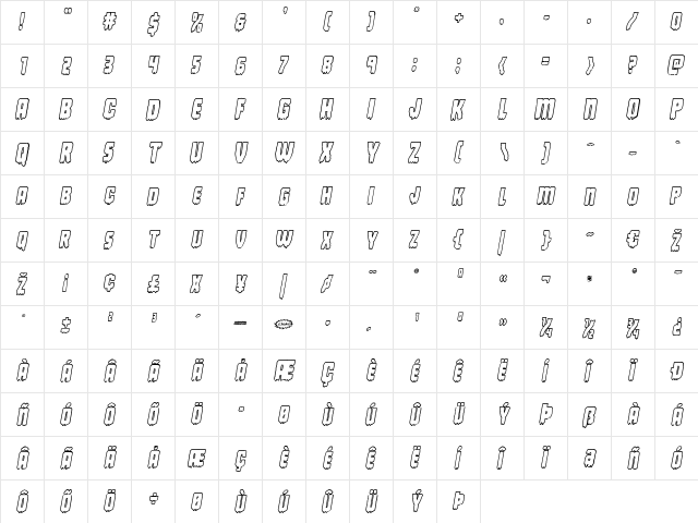 Deathblood Bold Outline Italic Italic  glyph index