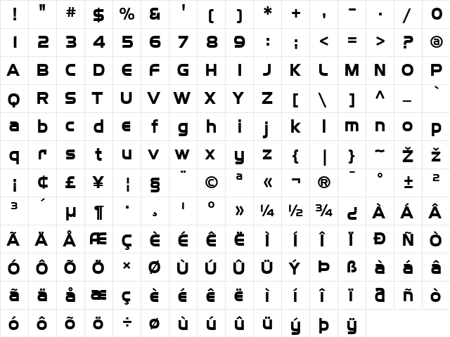 SF Fourche Bold  glyph index