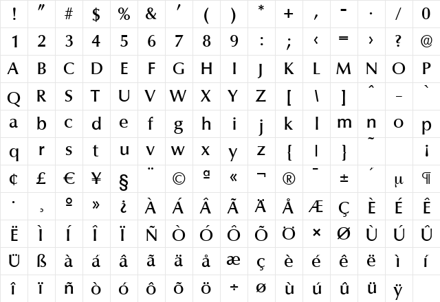 ColumbiaSerial-Medium Regular  glyph index