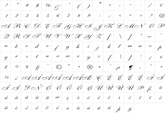 Shelley-AllegroScript Wd Regular  glyph index