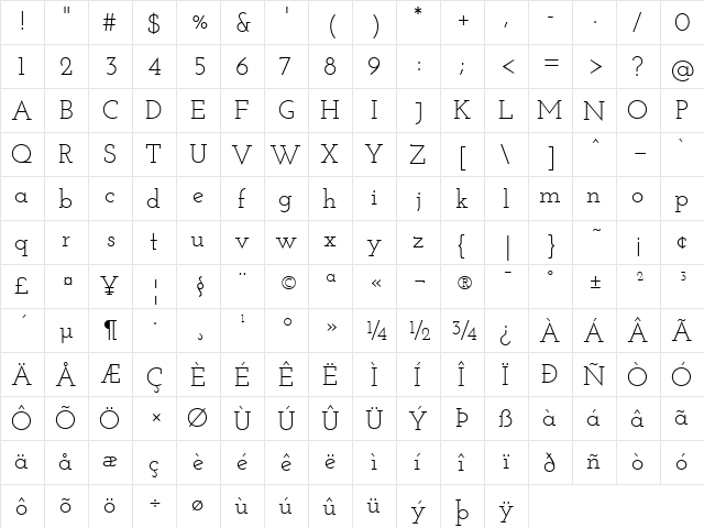 Josefin Slab Regular  glyph index